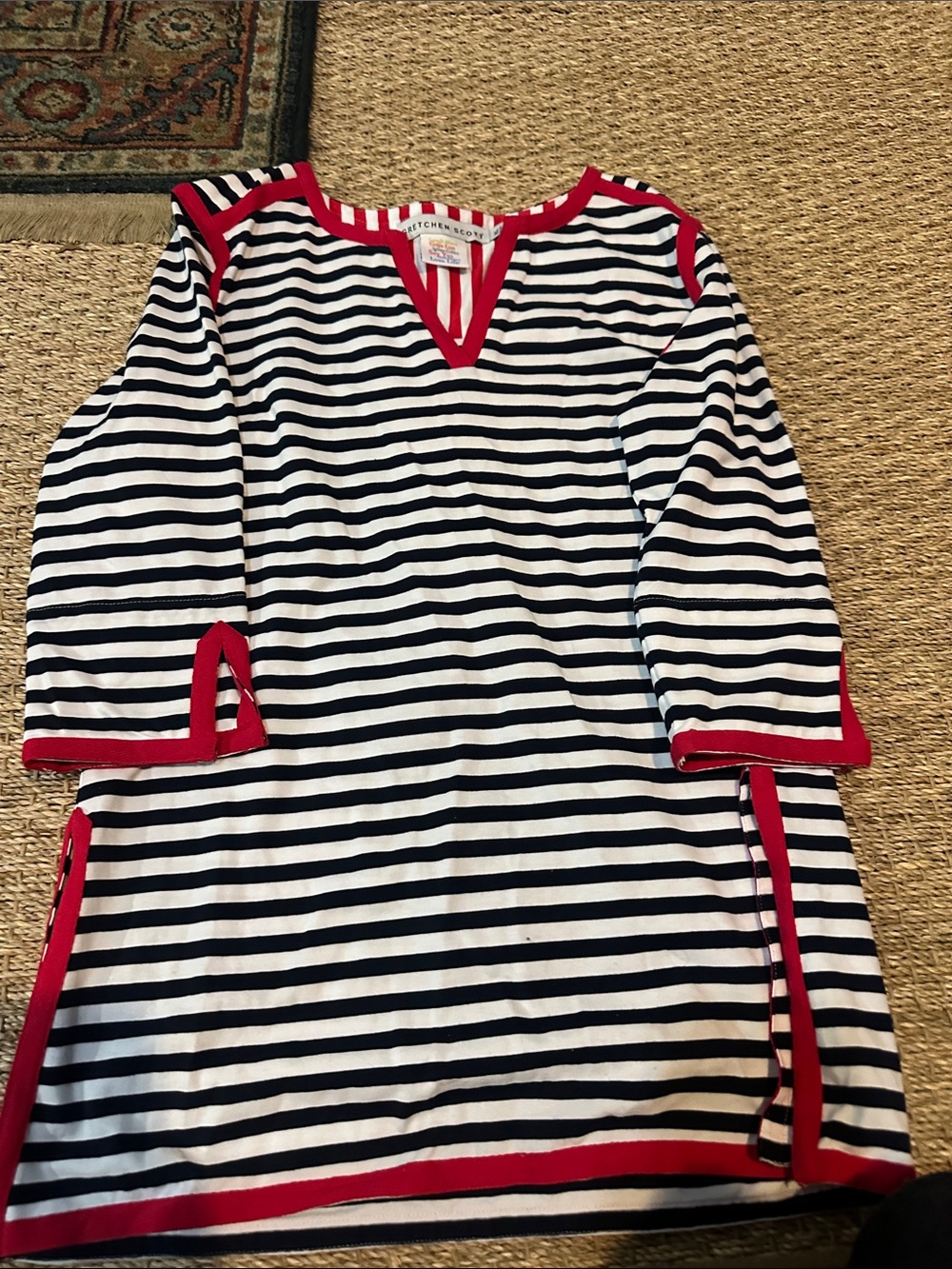 Gretchen Scott Designs Navy & White Striped Kids Pajama Top with Red Trim